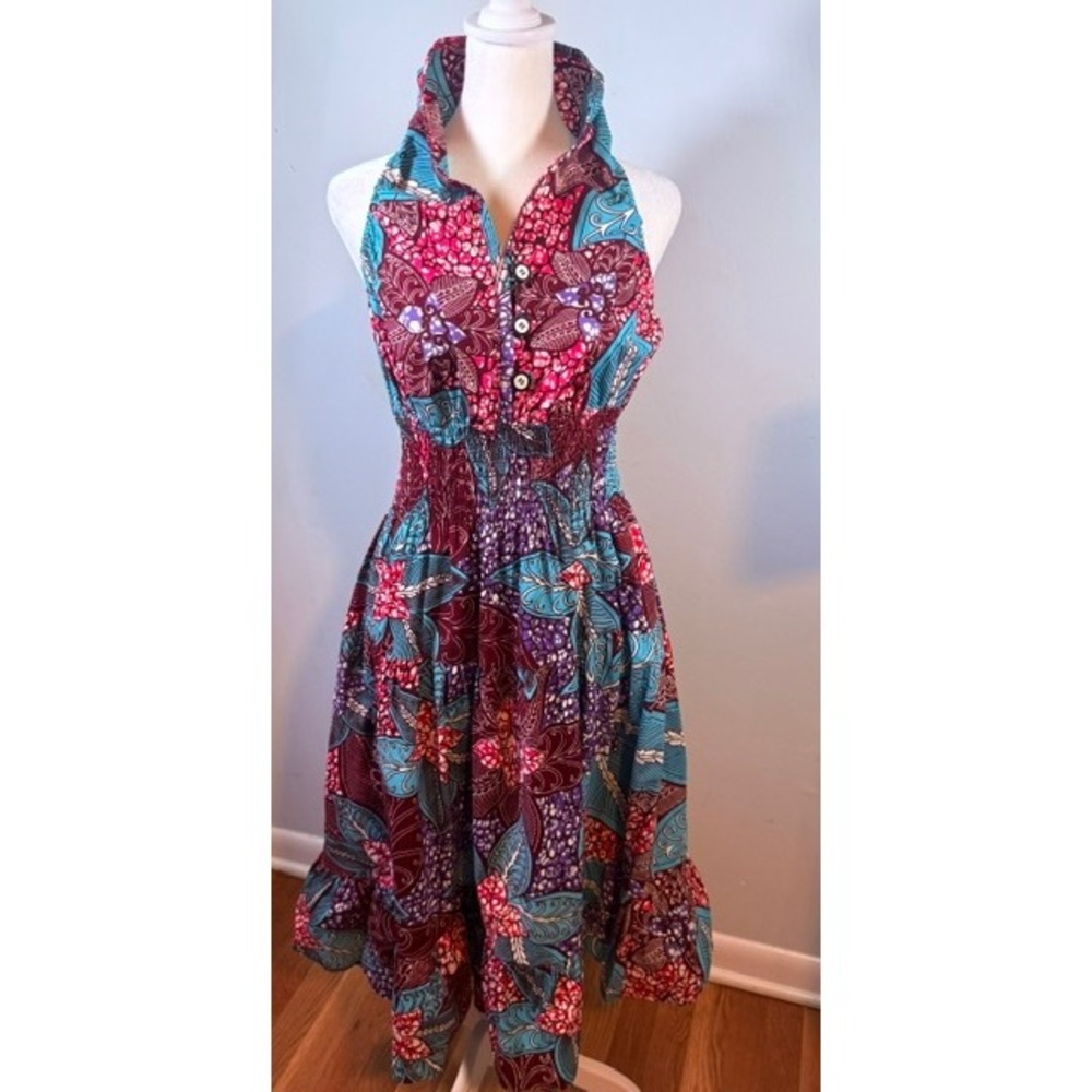 Batik Style Halter Dress Free Size Smocked Waist Tiered Ruffle Cotton India